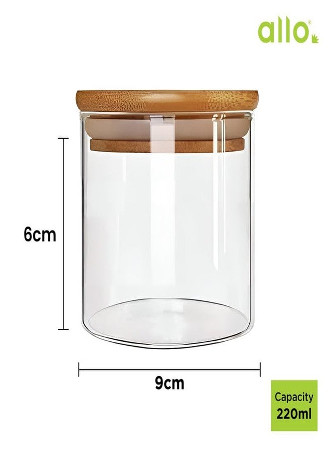 Allo 220ML Kitchen Storage Box Glass Jars With Wooden Lids - Borosilicate Glass Food Storage Containers Airtight Glass Jar For Tea, Coffee, Spice, Pulses, Masala (Round Glass Jar - Set of 1) - Image 2